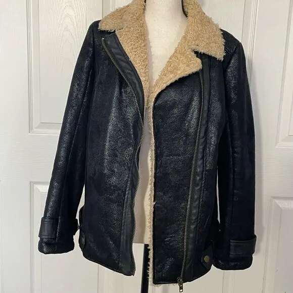 Jealous Tomato Shearling and Vegan Leather Rich Brown Bomber Jacket, Large