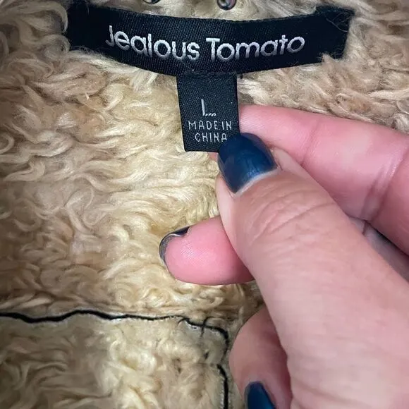 Jealous Tomato Shearling and Vegan Leather Rich Brown Bomber Jacket, Large