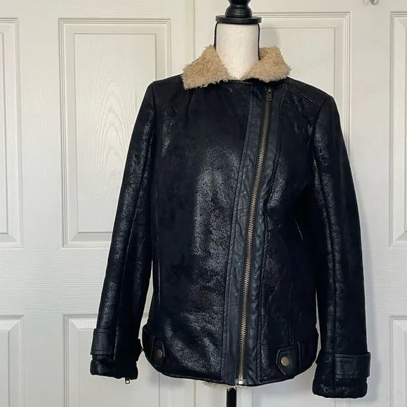 Jealous Tomato Shearling and Vegan Leather Rich Brown Bomber Jacket, Large