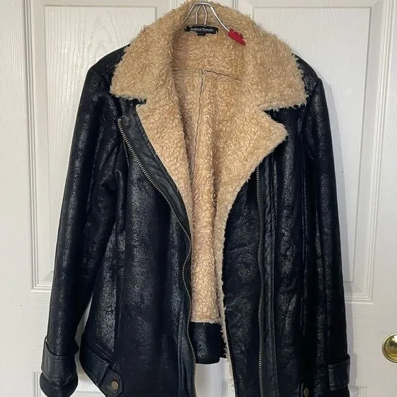 Jealous Tomato Shearling and Vegan Leather Rich Brown Bomber Jacket, Large