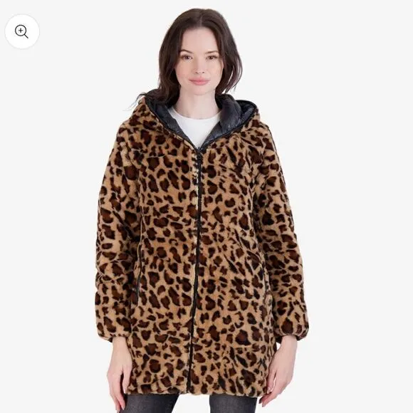 Jessica Simpson Women's Leopard Fur Reversible Puffer