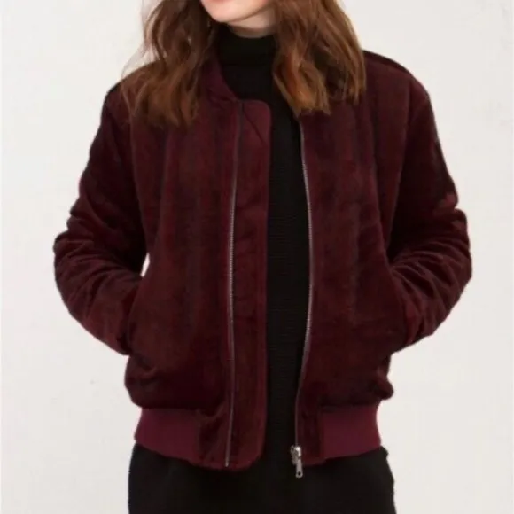 J.O.A. Faux-Fur Bomber Jacket, Maroon/Wine Size M, NWOT