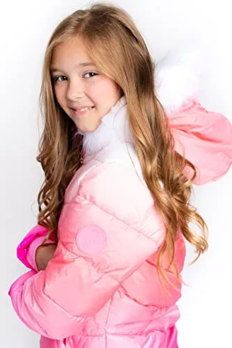 Juicy Couture Girls Puffer Jacket, Ombre Printed Bubble Kids Coat with Fur Hoodie, Pink, Small