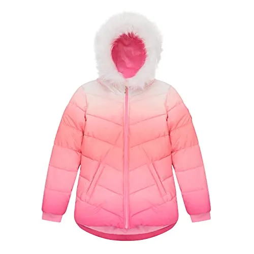 Juicy Couture Girls Puffer Jacket, Ombre Printed Bubble Kids Coat with Fur Hoodie, Pink, Small