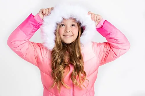 Juicy Couture Girls Puffer Jacket, Ombre Printed Bubble Kids Coat with Fur Hoodie, Pink, Small