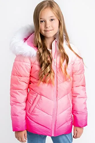 Juicy Couture Girls Puffer Jacket, Ombre Printed Bubble Kids Coat with Fur Hoodie, Pink, Small