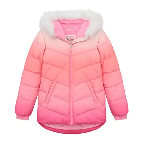 Juicy Couture Girls Puffer Jacket, Ombre Printed Bubble Kids Coat with Fur Hoodie, Pink, Small