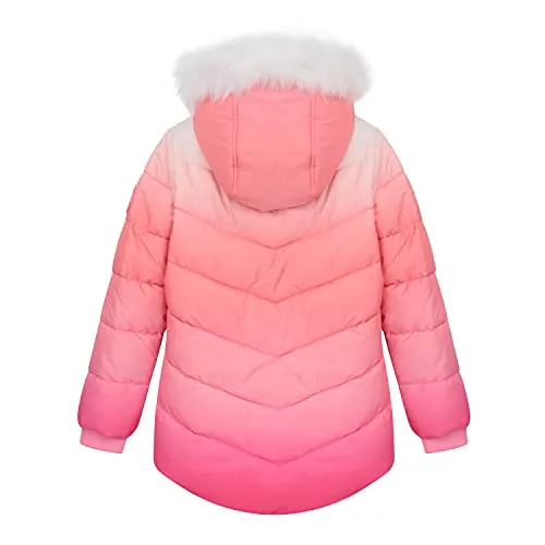 Juicy Couture Girls Puffer Jacket, Ombre Printed Bubble Kids Coat with Fur Hoodie, Pink, Small