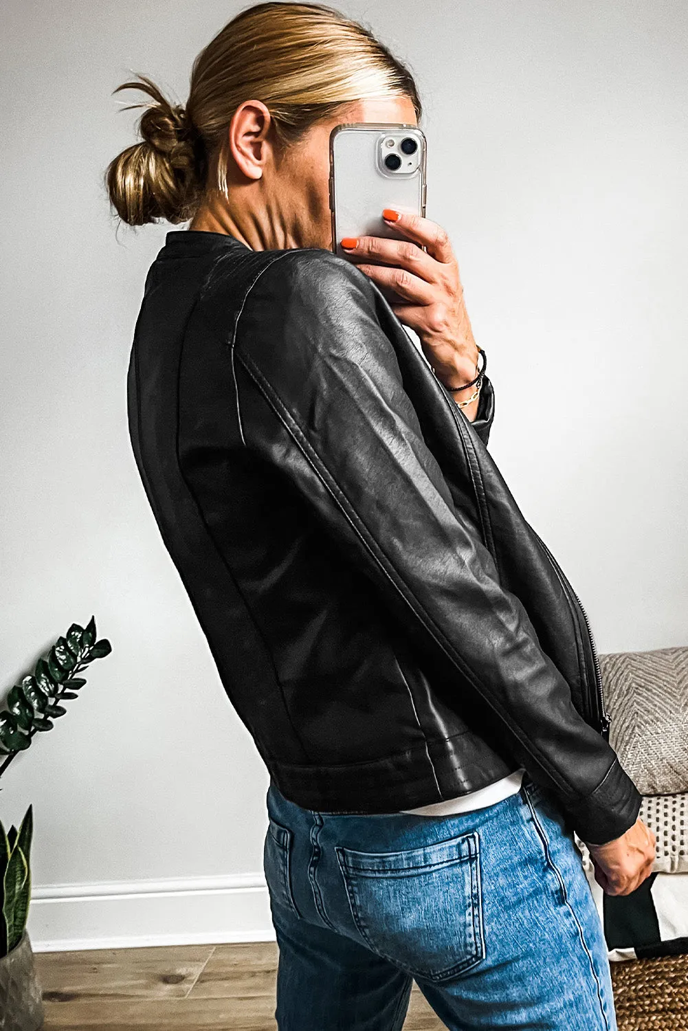 KaleaBoutique Solid Faux Leather Zipper Slim Fit Bomber Jacket