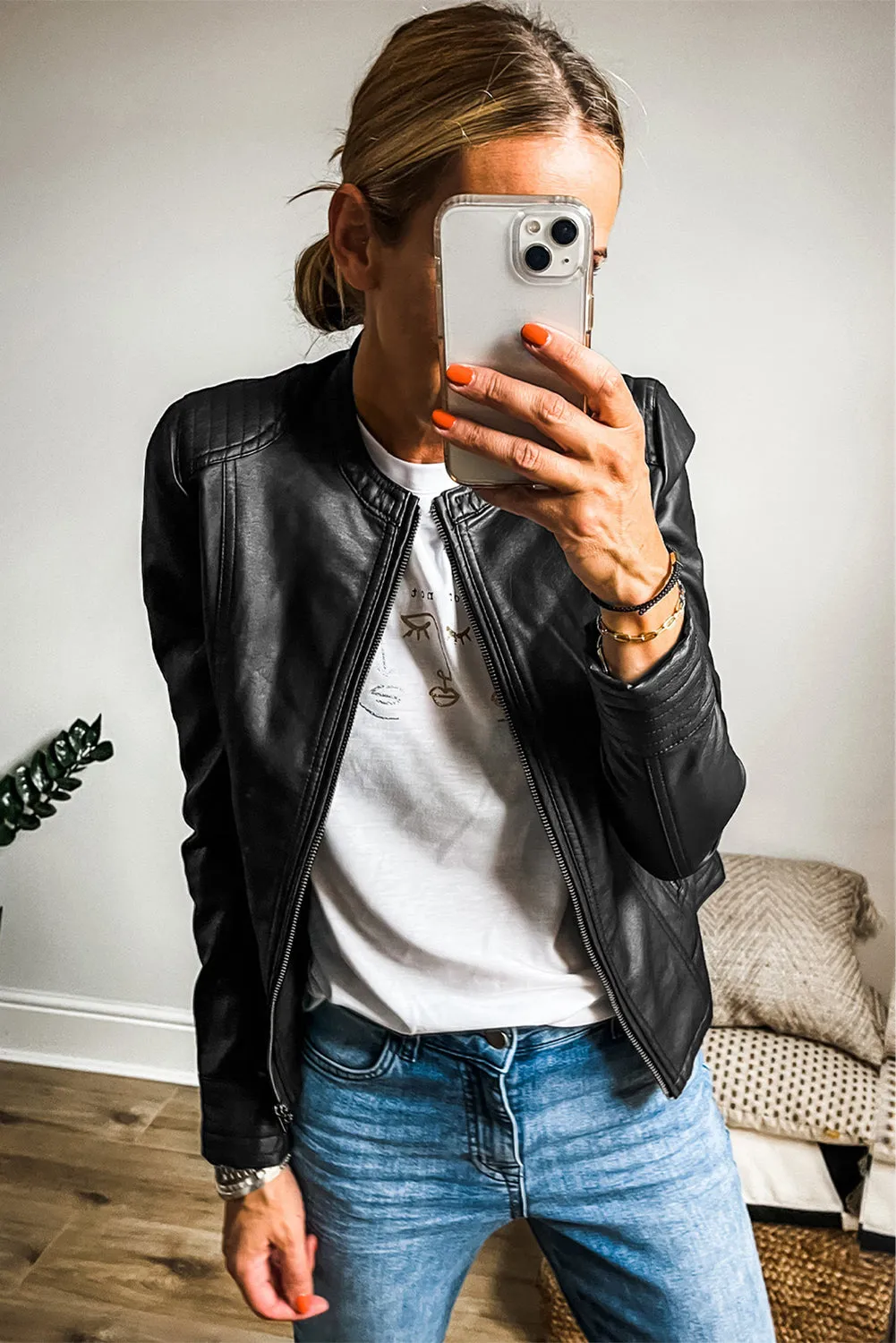 KaleaBoutique Solid Faux Leather Zipper Slim Fit Bomber Jacket