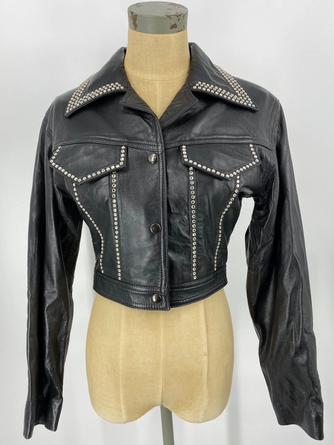 Lamb Leather Jacket Crystals Snap Front M