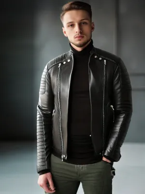 Lapel Zippered Leather Bomber Jacket for Men