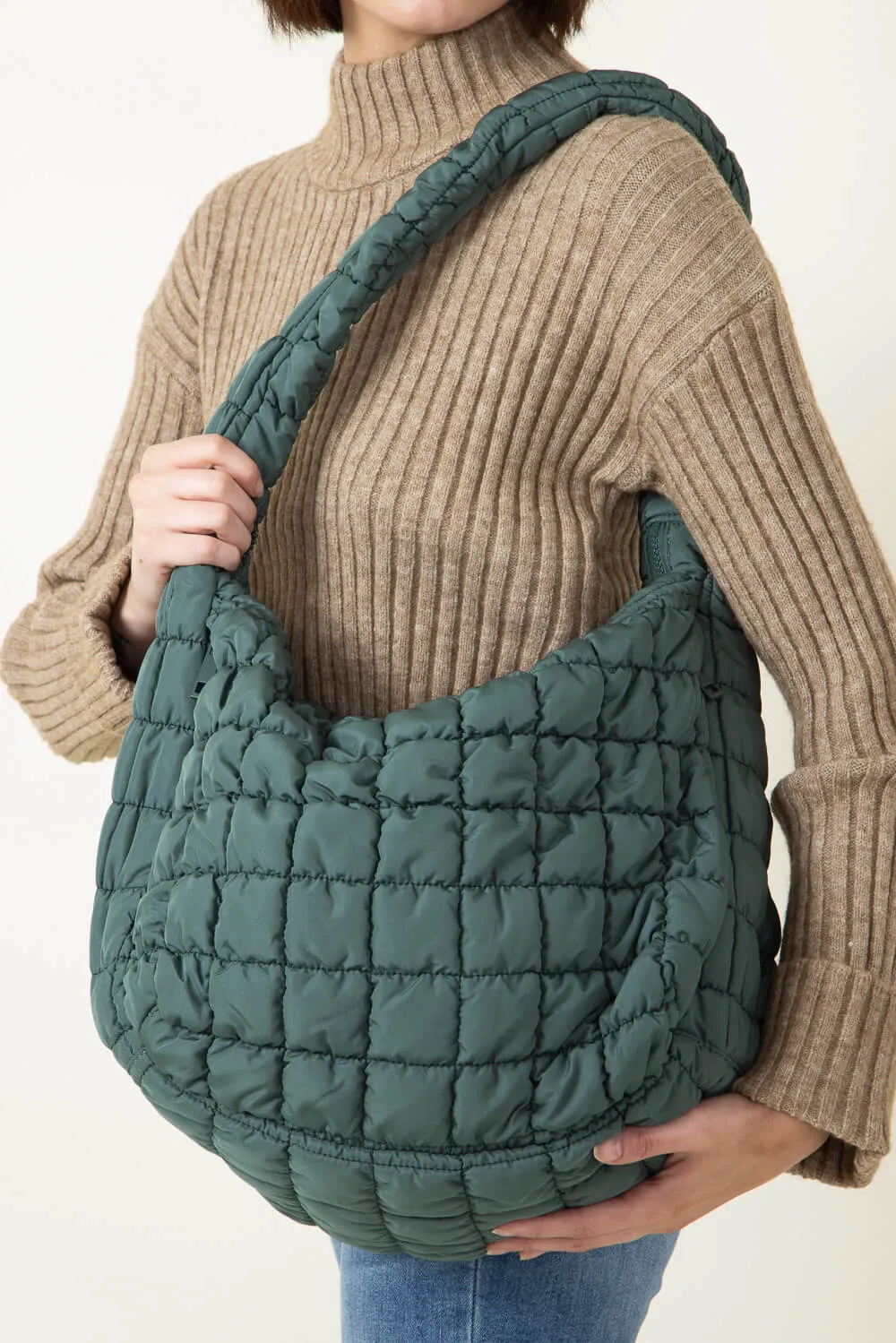 Large Quilted Puffer Carryall Bag for Women in Dark Green | QBS320125-GREEN