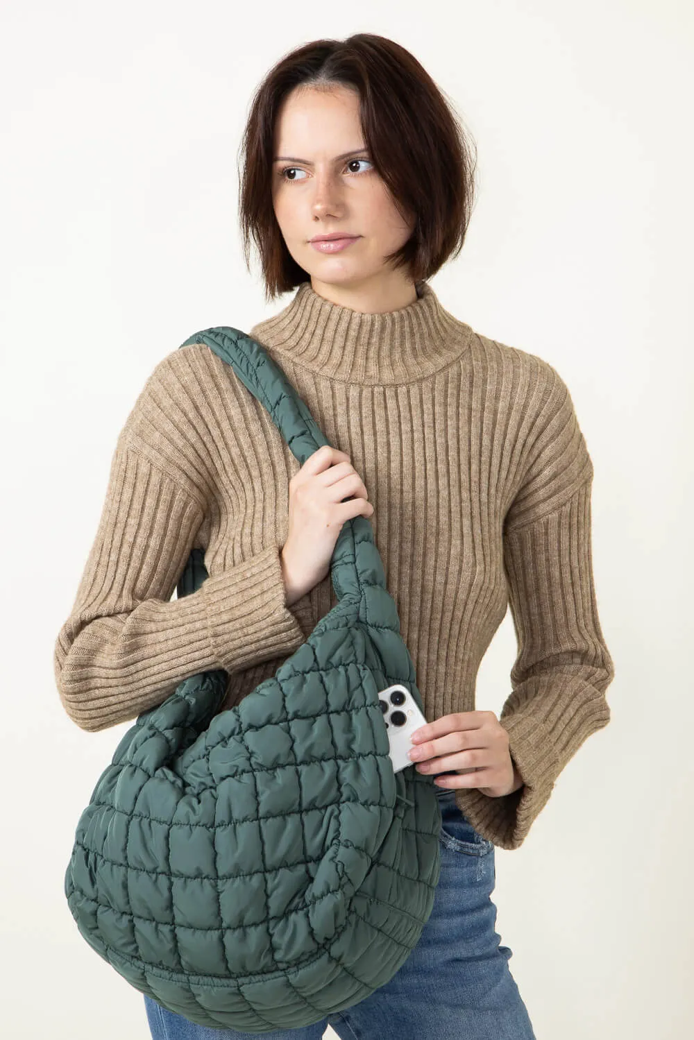 Large Quilted Puffer Carryall Bag for Women in Dark Green | QBS320125-GREEN
