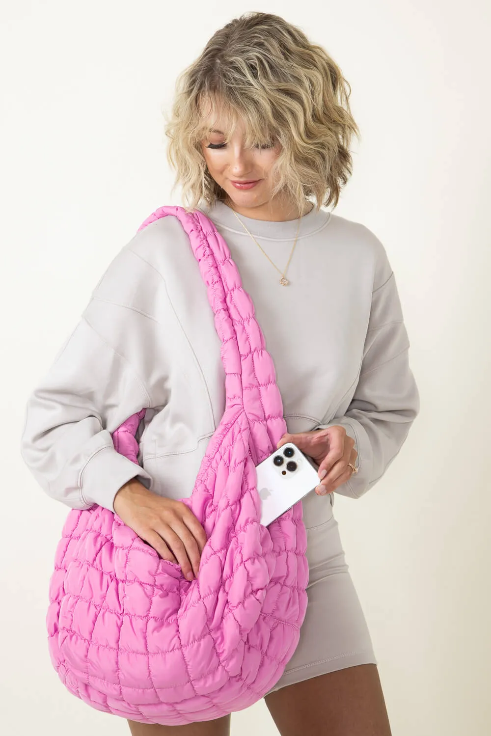 Large Quilted Puffer Carryall Bag for Women in Pink | QBS320125-PINK