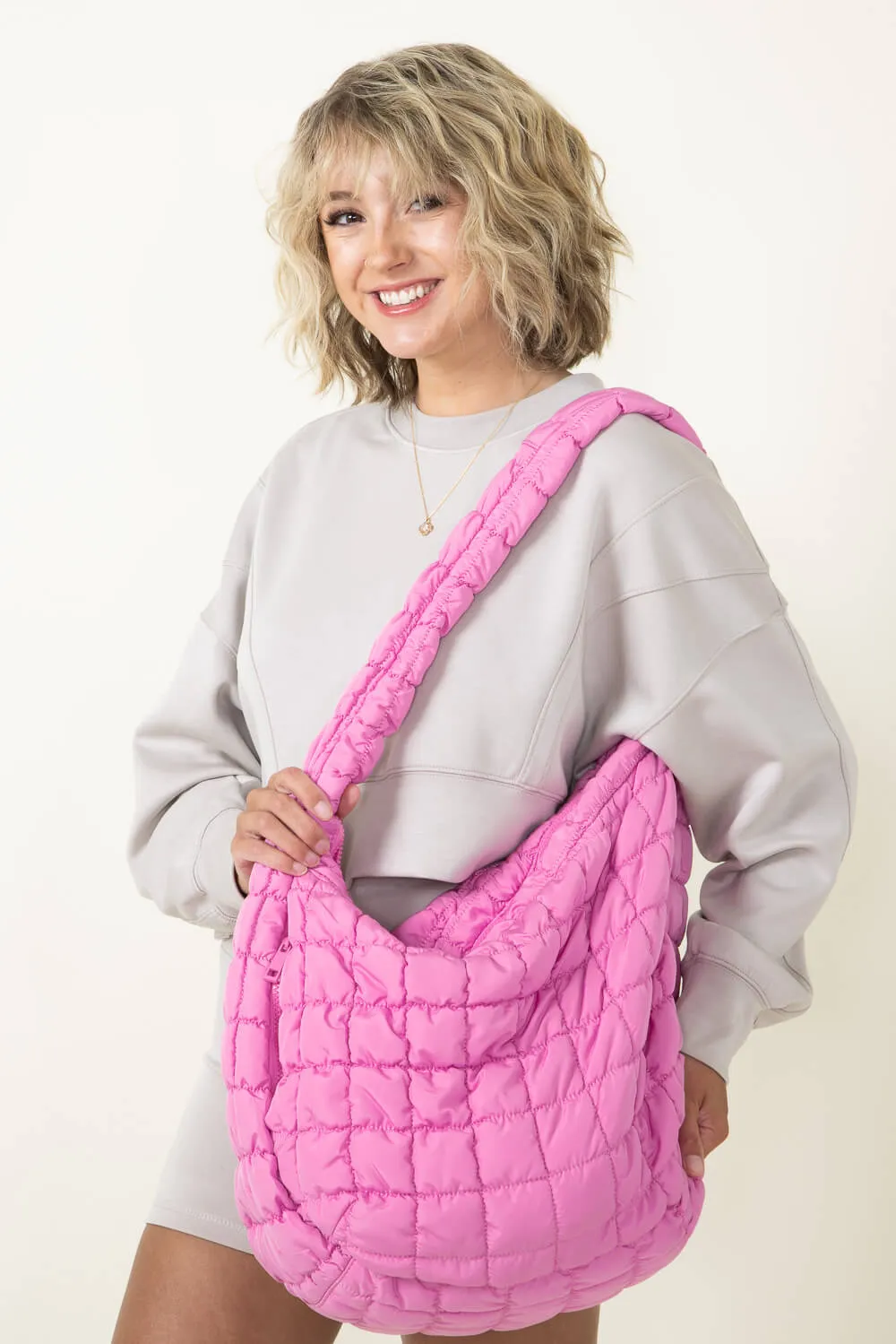Large Quilted Puffer Carryall Bag for Women in Pink | QBS320125-PINK
