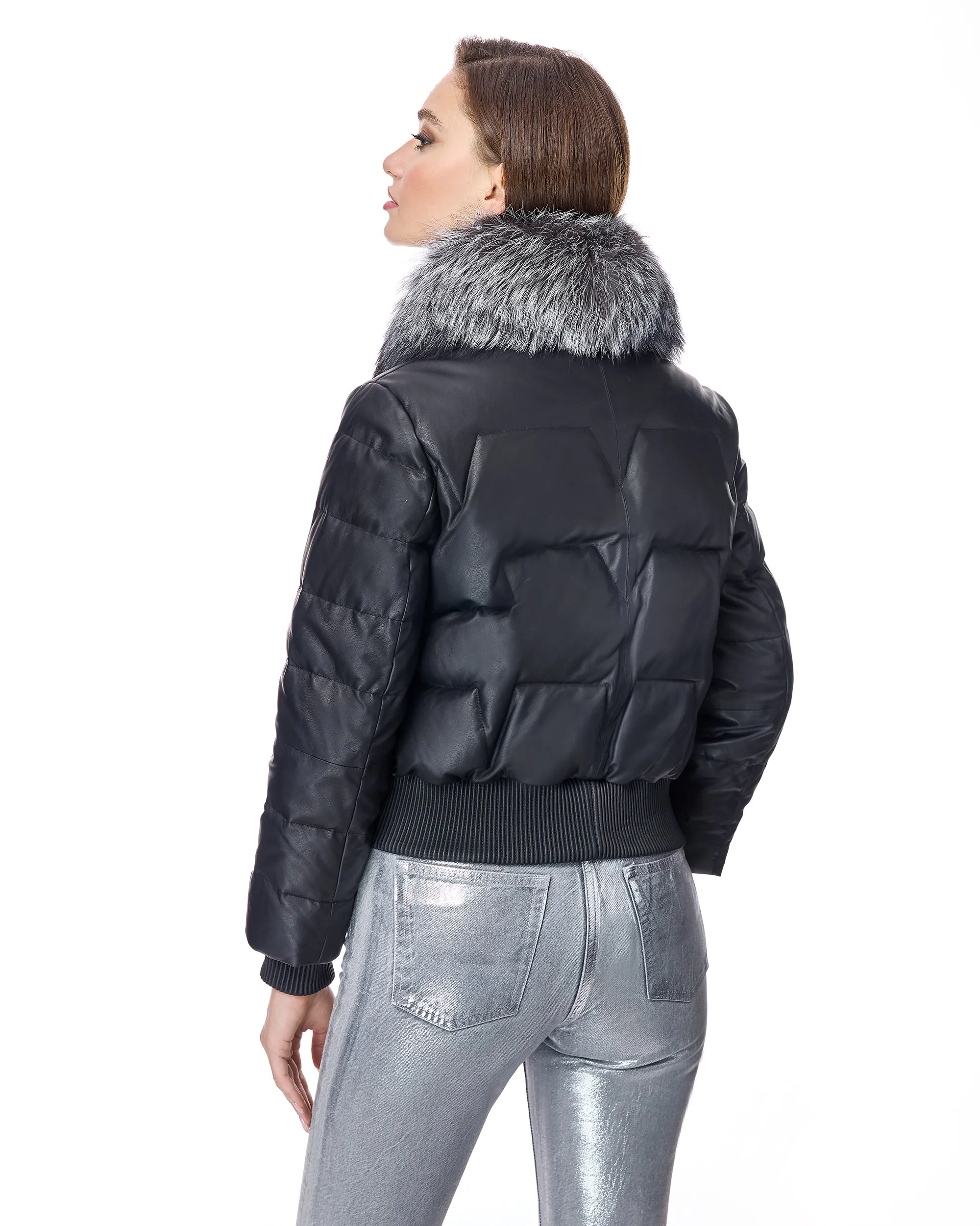 Leather Bomber Jacket With Silver Fox Collar