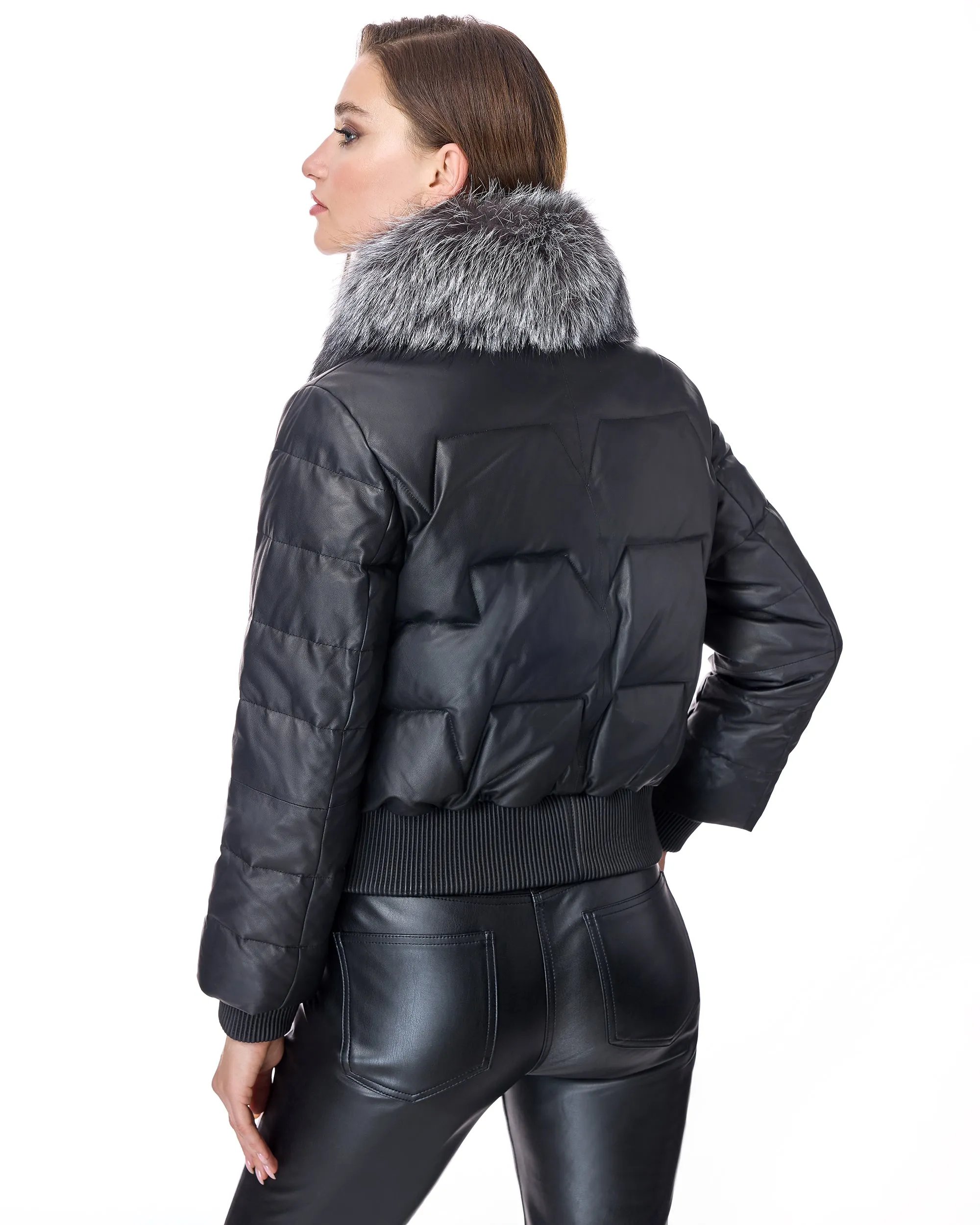 Leather Bomber Jacket With Silver Fox Collar