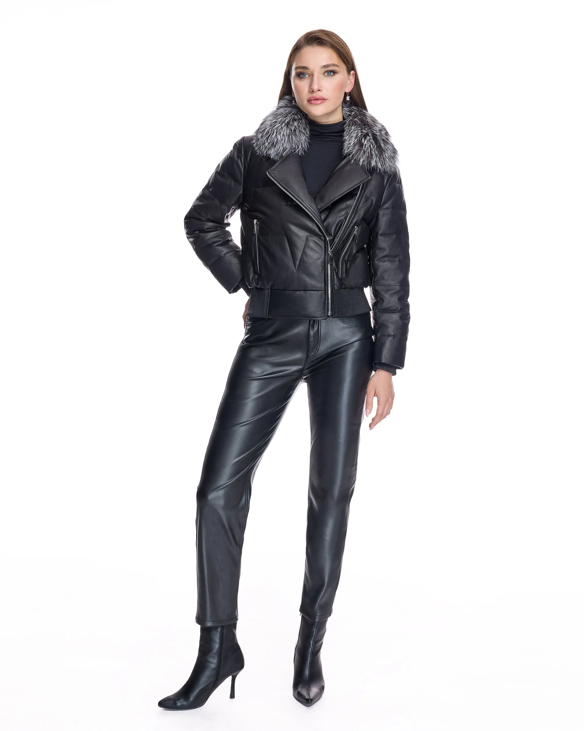 Leather Bomber Jacket With Silver Fox Collar