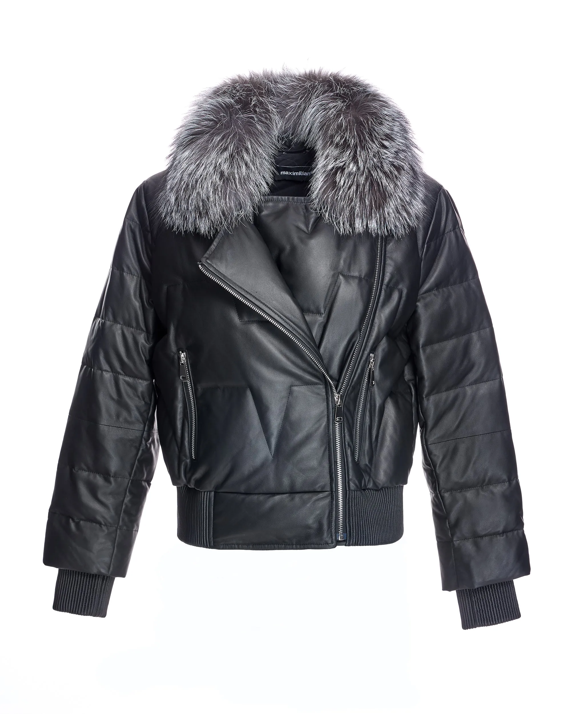 Leather Bomber Jacket With Silver Fox Collar