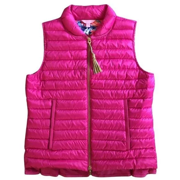 Lilly Pulitzer Cora Down Puffer Vest Womens Size S Pink Ruffle Tassel Zip Pull