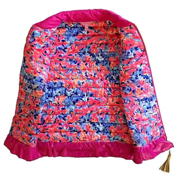 Lilly Pulitzer Cora Down Puffer Vest Womens Size S Pink Ruffle Tassel Zip Pull