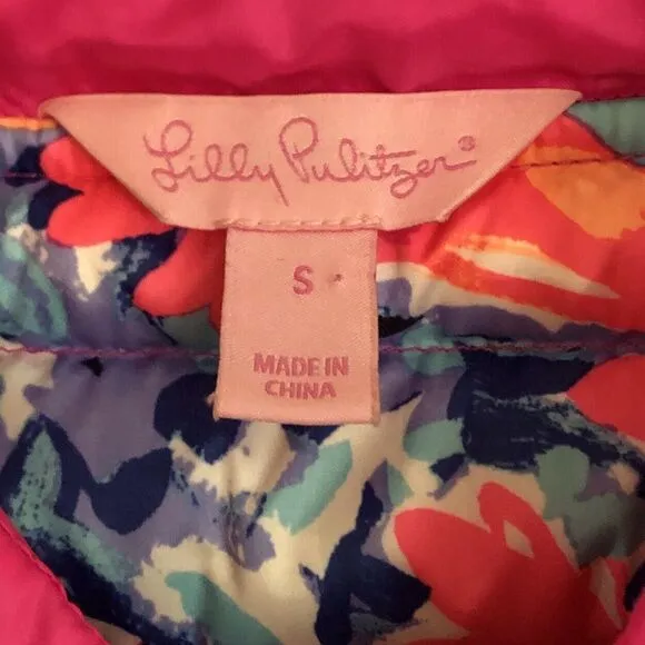 Lilly Pulitzer Cora Down Puffer Vest Womens Size S Pink Ruffle Tassel Zip Pull