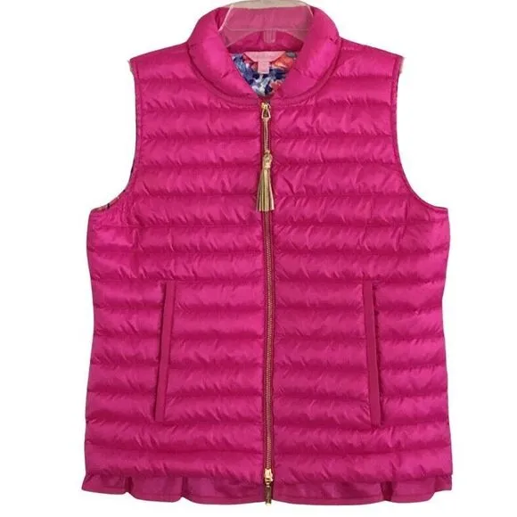 Lilly Pulitzer Cora Down Puffer Vest Womens Size S Pink Ruffle Tassel Zip Pull