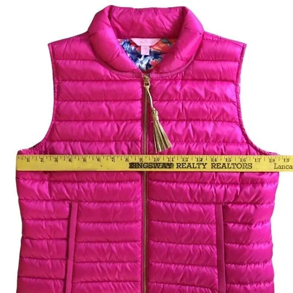 Lilly Pulitzer Cora Down Puffer Vest Womens Size S Pink Ruffle Tassel Zip Pull