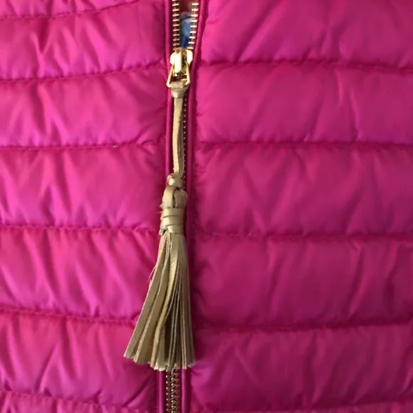 Lilly Pulitzer Cora Down Puffer Vest Womens Size S Pink Ruffle Tassel Zip Pull