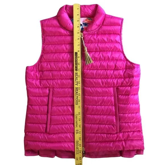 Lilly Pulitzer Cora Down Puffer Vest Womens Size S Pink Ruffle Tassel Zip Pull