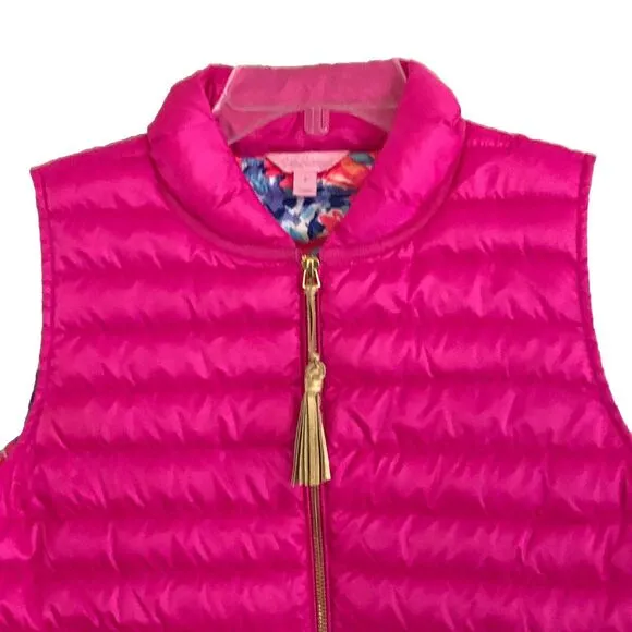 Lilly Pulitzer Cora Down Puffer Vest Womens Size S Pink Ruffle Tassel Zip Pull