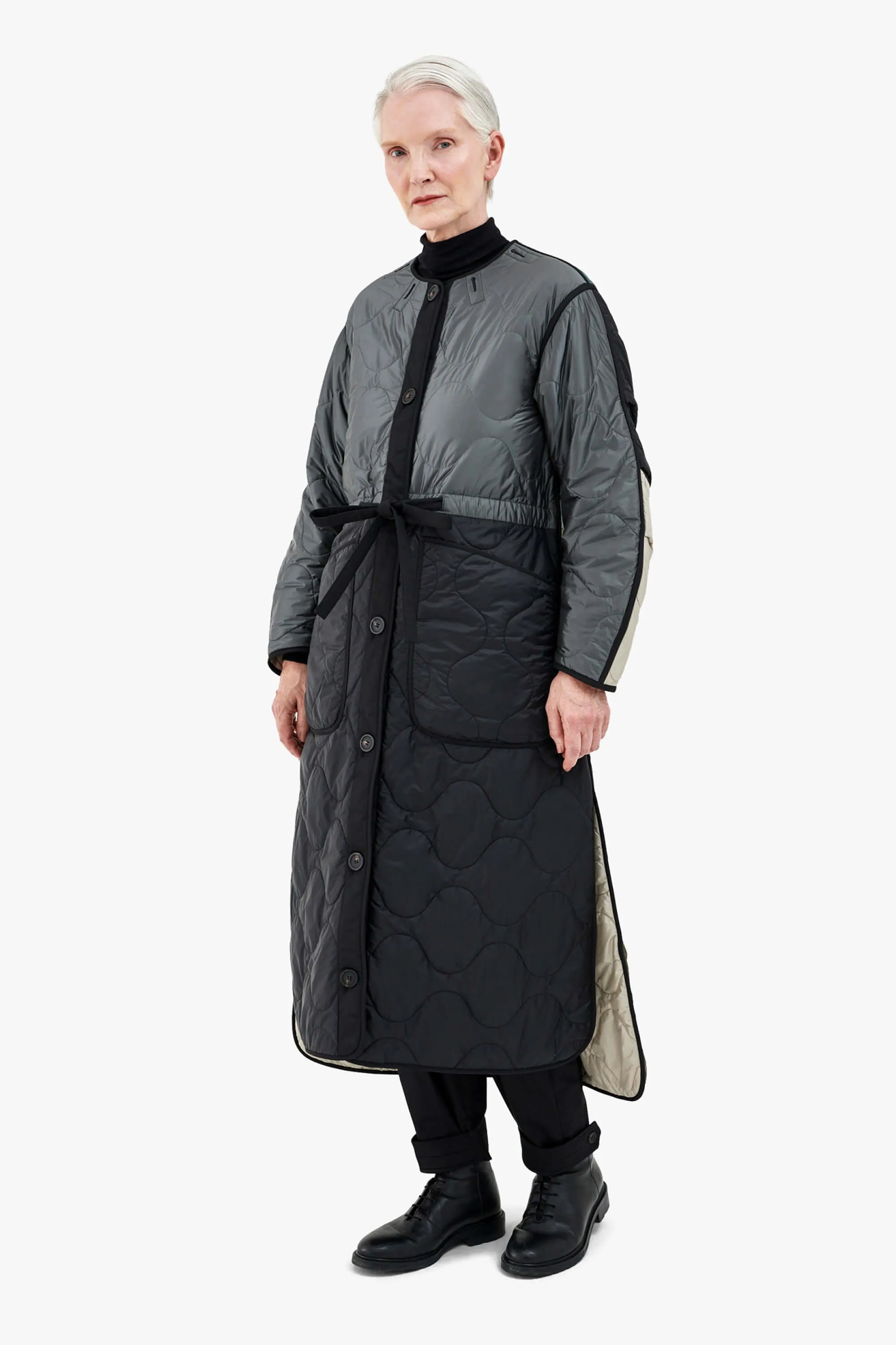 Long Patchwork Quilt Jacket - Anthracite & Mineral Green / Dove Grey