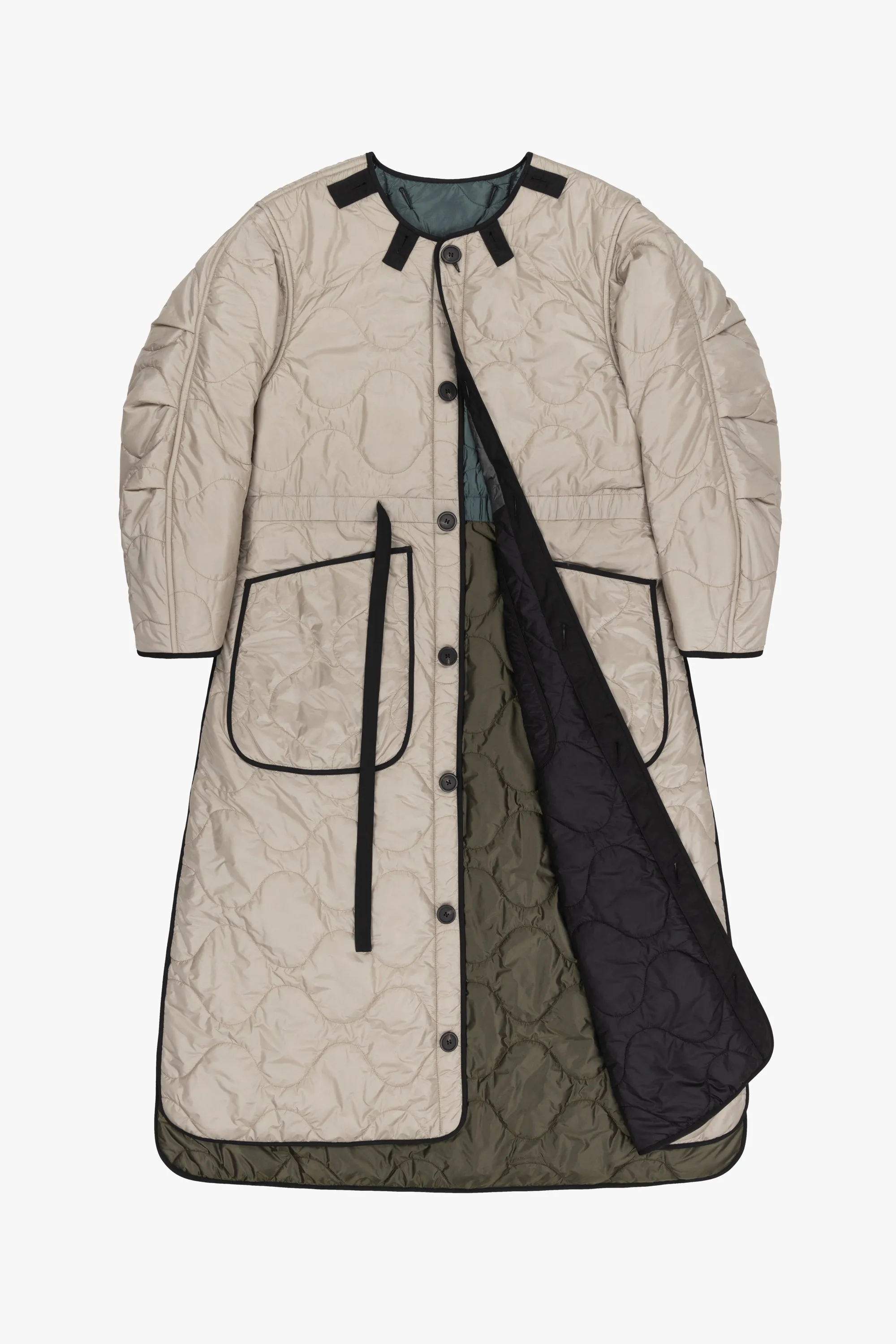 Long Patchwork Quilt Jacket - Anthracite & Mineral Green / Dove Grey