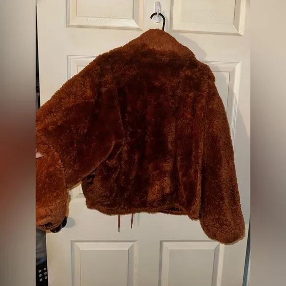 Lucky Brand Womens orange Brown Full Zip Drawstring Hem Faux Fur bomber Jacket L