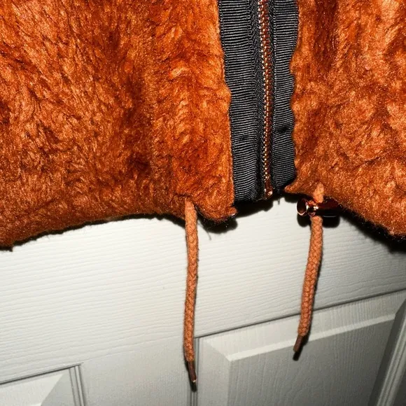 Lucky Brand Womens orange Brown Full Zip Drawstring Hem Faux Fur bomber Jacket L