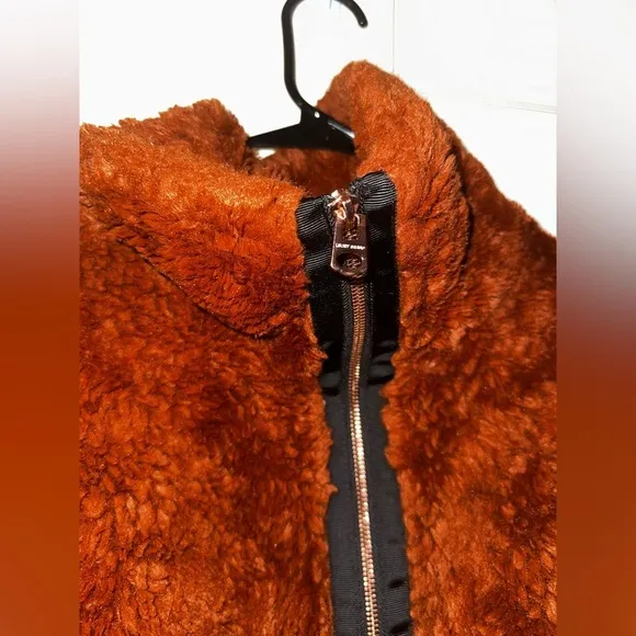 Lucky Brand Womens orange Brown Full Zip Drawstring Hem Faux Fur bomber Jacket L