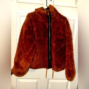 Lucky Brand Womens orange Brown Full Zip Drawstring Hem Faux Fur bomber Jacket L