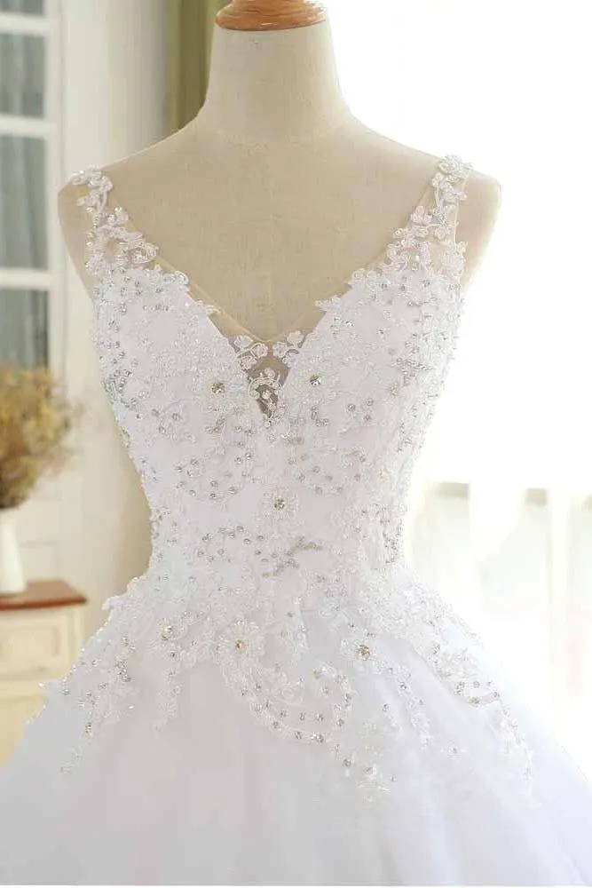 Luxurious Lace Beaded Wedding Dresses New Arrival V Neck Straps Long Ball Gown Wedding Party Bridal Dress