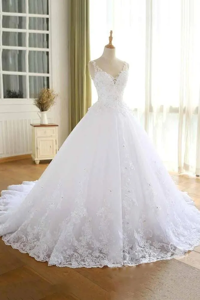 Luxurious Lace Beaded Wedding Dresses New Arrival V Neck Straps Long Ball Gown Wedding Party Bridal Dress