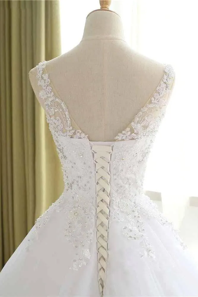 Luxurious Lace Beaded Wedding Dresses New Arrival V Neck Straps Long Ball Gown Wedding Party Bridal Dress