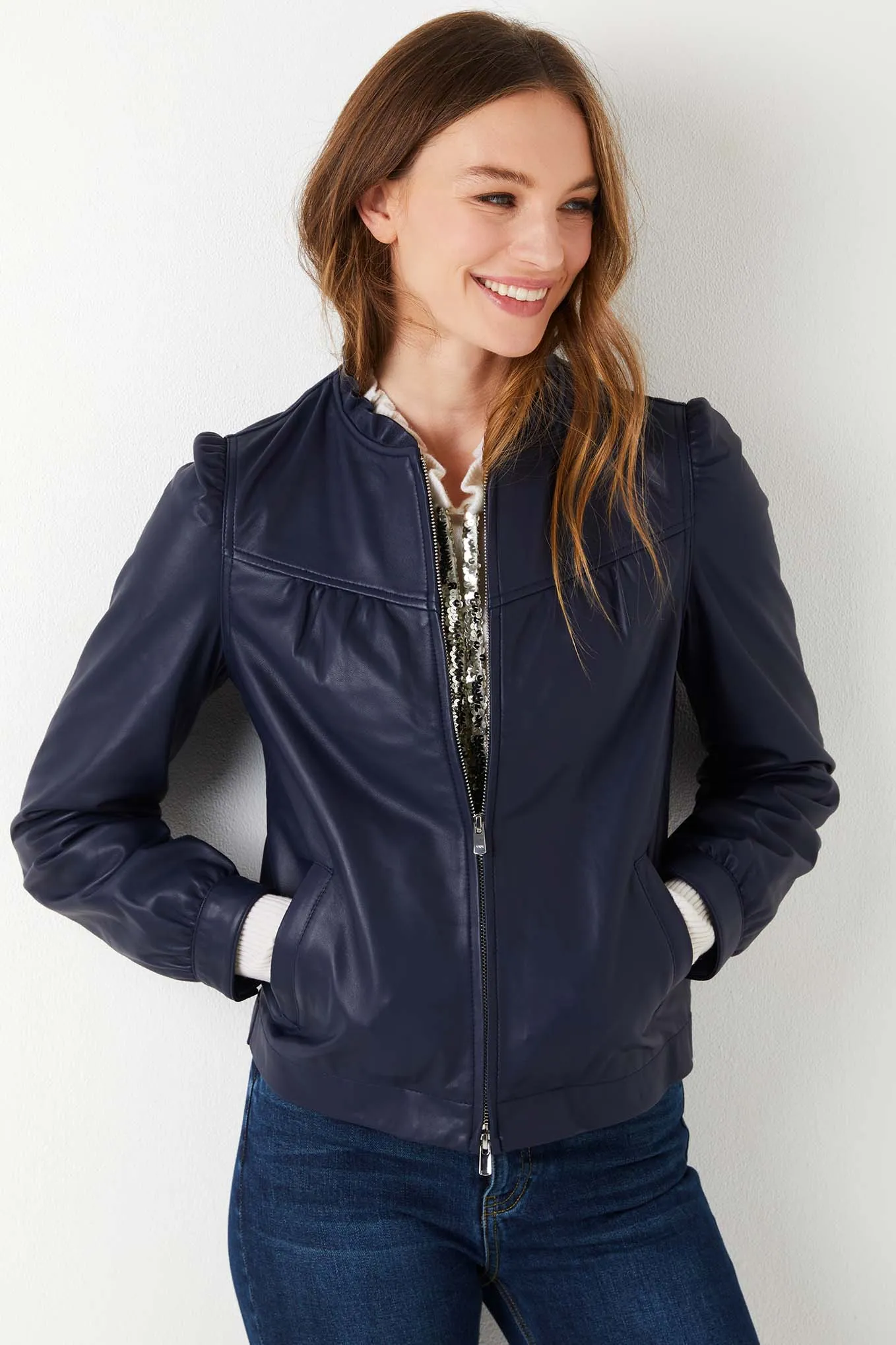 Lyra Leather Bomber - Navy