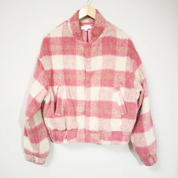 MABLE Pink Plaid Bomber Jacket Faux Fur With Pockets Size Medium
