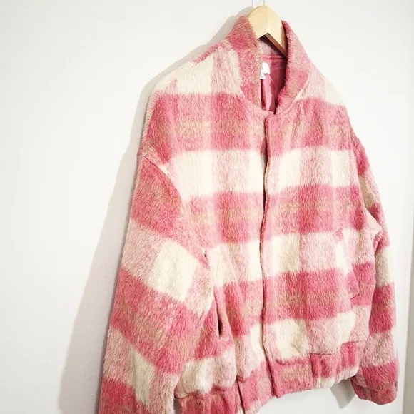 MABLE Pink Plaid Bomber Jacket Faux Fur With Pockets Size Medium