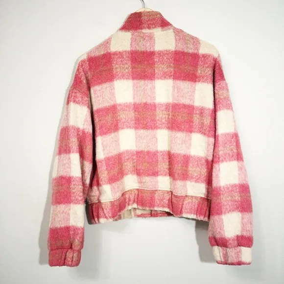 MABLE Pink Plaid Bomber Jacket Faux Fur With Pockets Size Medium