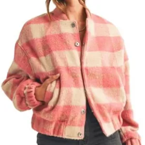 MABLE Pink Plaid Bomber Jacket Faux Fur With Pockets Size Medium