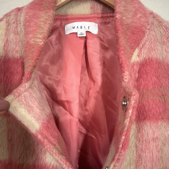 MABLE Pink Plaid Bomber Jacket Faux Fur With Pockets Size Medium