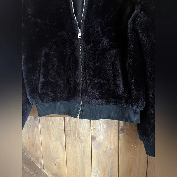 Made and designed by IRIS Black Faux Fur Bomber Jacket