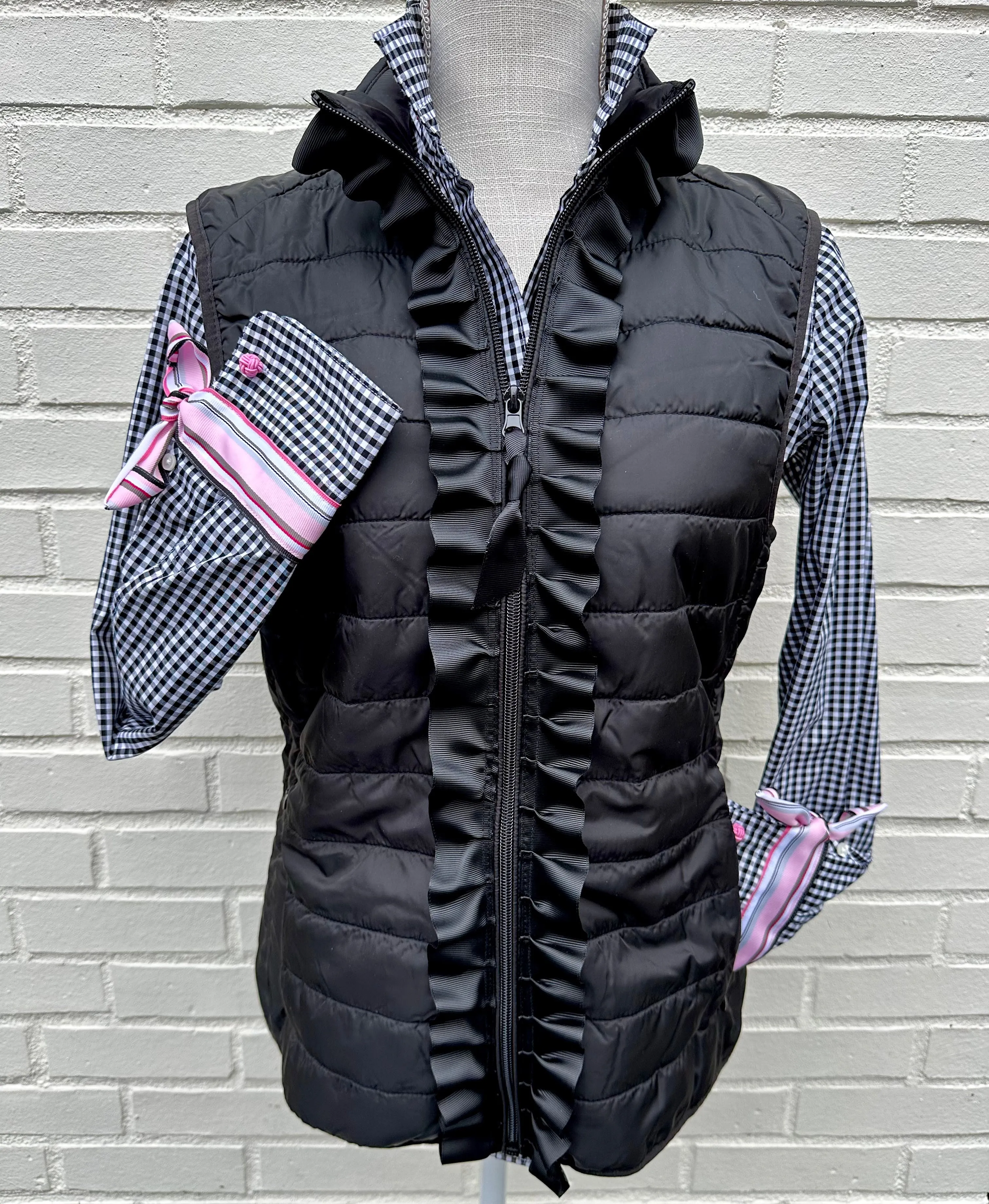 Maggie May Ruffled Ribbon Puffer Vest Black w Black (PF16)