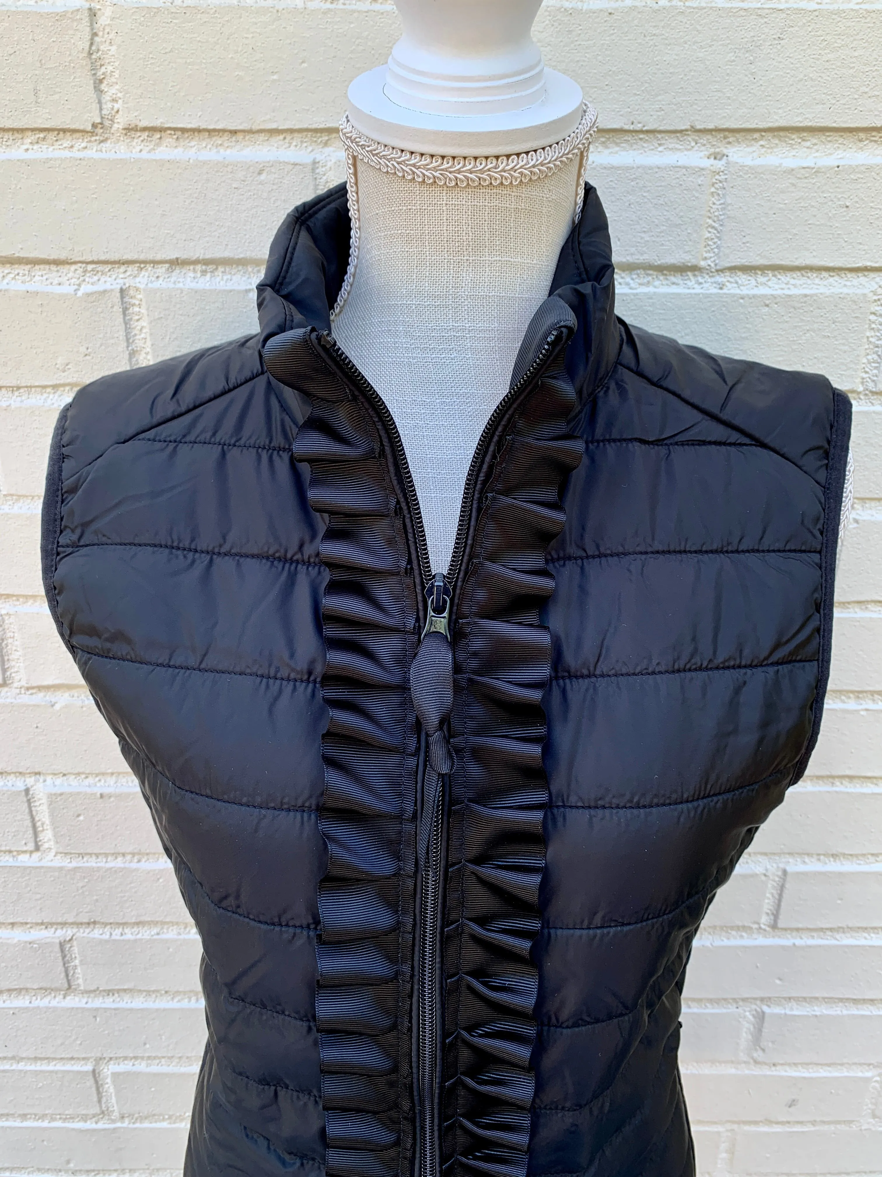 Maggie May Ruffled Ribbon Puffer Vest Black w Black (PF16)